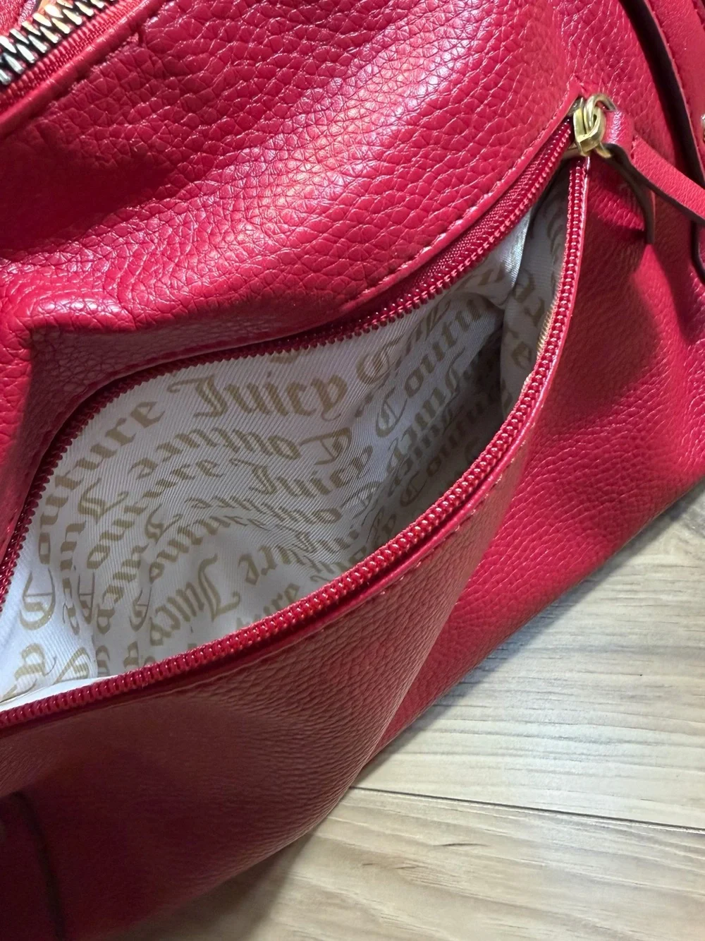 Juicy Couture Pink-Red Pebbled Leather Satchel with Gold Hardware